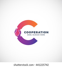 Cooperation Abstract Vector Sign, Symbol or Logo Template. Hand Shake Incorporated in Letter C Concept. Isolated.