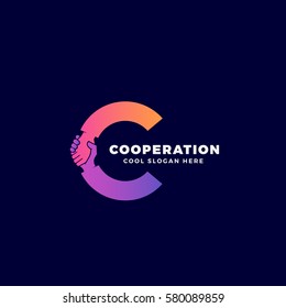 Cooperation Abstract Vector Sign, Symbol or Logo Template. Hand Shake Incorporated in Letter C Concept. On Dark Background.