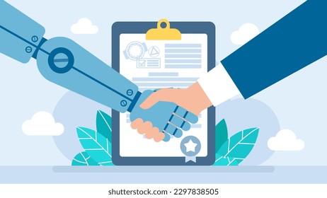 Cooperation with Artificial Intelligence. Ai robot and businessman handshake together. Concept of partnership with artificial intelligence, agreement of the parties, documents. Vector illustration 