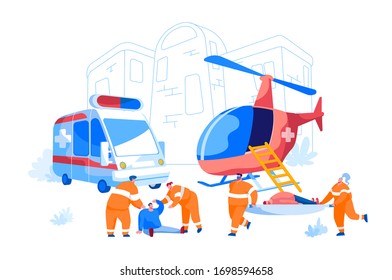 Cooperation between Air Rescue Service and Emergency Medical Service on Ground. Paramedic Characters Carry Stretcher with Patient to Ambulance Car, People Evacuation. Cartoon Vector Illustration