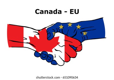 Cooperation between the Canada and European Union. Handshake, Background of the flags of the Canada and European Union. Colored Vector illustration