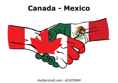 Cooperation between the Canada and Mexico. Handshake, Background of the flags of the Canada and Mexico. Colored Vector illustration.

