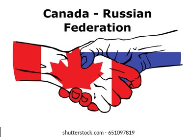 Cooperation between the Canada and Russia. Handshake, Background of the flags of the Canada and Russia. Colored Vector illustration.
