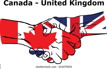 
Cooperation between the Canada and United Kingdom. Handshake, Background of the flags of the Canada and United Kingdom. Colored Vector illustration.