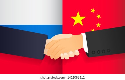 Cooperation between China and Russia vector illustration. Handshake with flags background.
