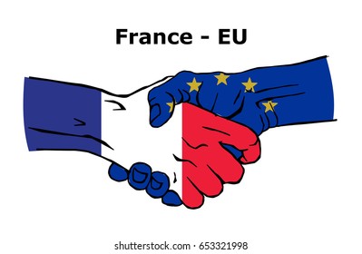 Cooperation between the France and  European Union. Handshake, Background of the flags of the France and  European Union. Colored Vector illustration.
