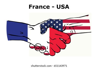 Cooperation between the France and USA. Handshake, Background of the flags of the France and USA. Colored Vector illustration.
