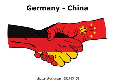 
Cooperation between the Germany and China. Handshake, Background of the flags of the Germany and China. Colored Vector illustration.