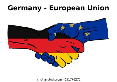 Cooperation between the Germany and European Union. Handshake, Background of the flags of the Germany and European Union. Colored Vector illustration.