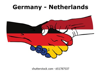Cooperation between the Germany and Netherlands. Handshake, Background of the flags of the Germany and Netherlands. Colored Vector illustration.