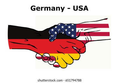 Cooperation between the Germany and USA. Handshake, Background of the flags of the Germany and USA. Colored Vector illustration.
