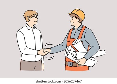 Cooperation between management and engineering concept. Young smiling men engineer constructor and manager customer standing shaking hands after successful collaboration vector illustration 