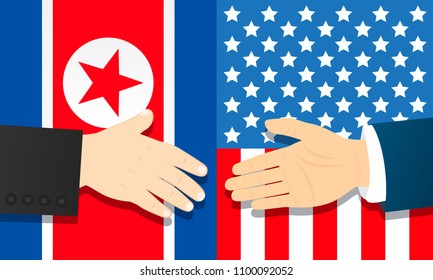 Cooperation between North Korea and USA vector illustration. Ready handshake with flags background.