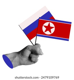 Cooperation between Russia and the DPRK. Trendy Halftone hand holds russian and north korea flag. Friendship forever concept.