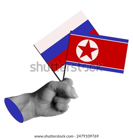 Cooperation between Russia and the DPRK. Trendy Halftone hand holds russian and north korea flag. Friendship forever concept.
