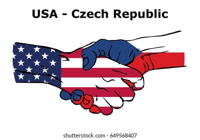 Cooperation between the USA and Czech Republic. Handshake, Background of the flags of the United States of America and Czech Republic. Colored Vector illustration.
