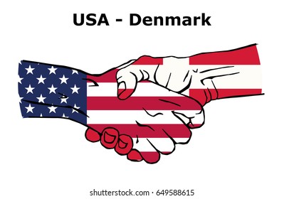 Cooperation between the USA and Denmark.
Handshake, Background of the flags of the United States of America and Denmark. Colored Vector illustration.
