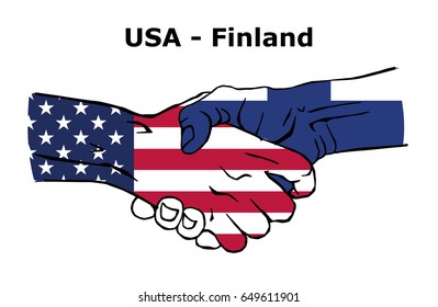 Cooperation between the USA and  Finland. Handshake, Background of the flags of the United States of America and Finland. Colored Vector illustration.