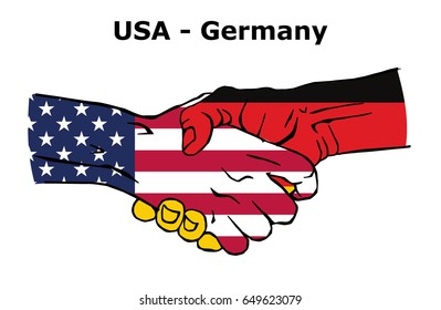 Cooperation between the USA and Germany. 
Handshake, Background of the flags of the United States of America and Germany. Colored Vector illustration.