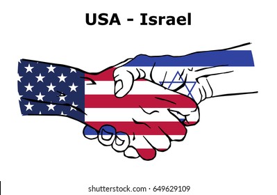 Cooperation between the USA and Israel. Handshake, Background of the flags of the United States of America and Israel. Colored Vector illustration.