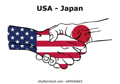 Cooperation between the USA and Japan. Handshake, Background of the flags of the United States of America and Japan. Colored Vector illustration.