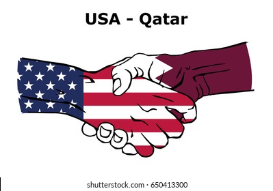 Cooperation between the USA and Qatar. Handshake, Background of the flags of the United States of America and Qatar. Colored Vector illustration.
