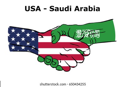 Cooperation between the USA and Saudi Arabia. Handshake, Background of the flags of the United States of America and Saudi Arabia. Colored Vector illustration.