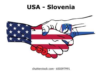 
Cooperation between the USA and Slovenia. Handshake, Background of the flags of the United States of America and Slovenia. Colored Vector illustration.