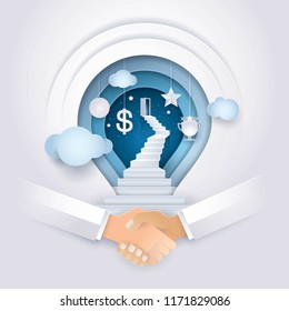 Cooperation, Business Concept of thinking for development, Shake hands and Light bulb Background, brainstorm,Work Together,Stairs lead up to the open door, growth to success,Paper art vector Teamwork 