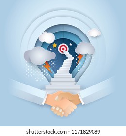 Cooperation, Business Concept of thinking for development, shake hands and Light bulb Background,Work Together,stairway to the target, Challenge,Trouble, obstacles, growth to success,Paper art vector