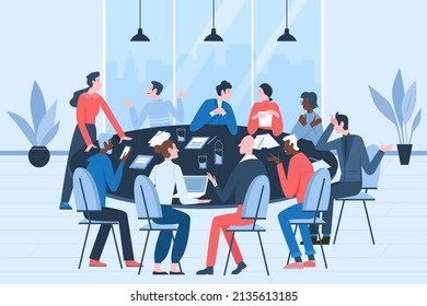 Cooperation of business people on conference or dispute. Team of employees sitting at round table together and discussing ideas or brainstorming flat vector illustration. Teamwork, brainstorm concept svg