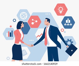 Cooperation. Business persons shaking hands on a background of business icons. Business illustration