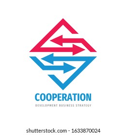 Cooperation business template logo design. Arrows communication icon. Development strategy sign. Technology vector symbol. Direction marketing investment logo. Union trend. Change sign. 