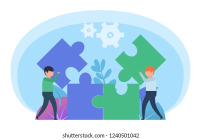 Cooperation in business, work together concept. People combine big puzzle together. Poster for web page, banner, social media, presentation. Flat design vector illustration