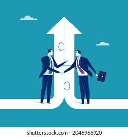 Cooperation. Businessmen shaking hands on a background of arrows. Concept business illustration