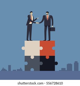Cooperation. Businessmen shaking hands on jigsaw. Business concepts in vector.