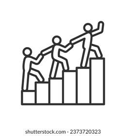 Cooperation in climbing, linear icon. People hold hands and walk up the columns of the chart. Line with editable stroke