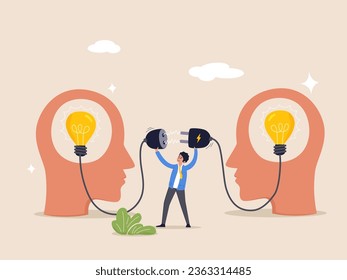 Cooperation or collaboration concept. Communication for success, connect idea or understanding, agreement or solving problem together, businessman connect to bright up lightbulb idea on human head.