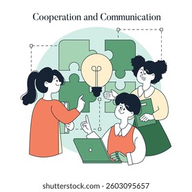 Cooperation and communication among individuals in a workspace stimulate creativity and problem-solving. Team members share ideas, leading to collaborative solutions and collective growth. Vector