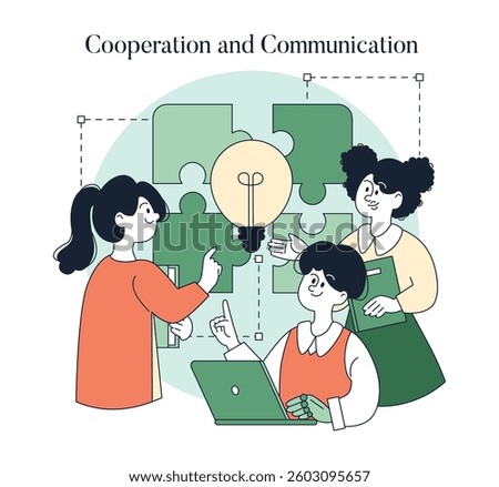 Cooperation and communication among individuals in a workspace stimulate creativity and problem-solving. Team members share ideas, leading to collaborative solutions and collective growth. Vector