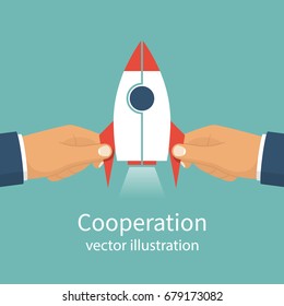 Cooperation concept. Business metaphor. Teamwork, partnership. Two businessmen hands connect missile as symbol successful business. Solution collaboration. Vector flat design. Isolated on background.
