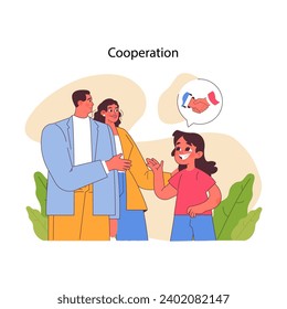 Cooperation concept. A cheerful group showcases teamwork with a handshake in a speech bubble, symbolizing partnership and mutual understanding in a professional setting. Flat vector illustratio