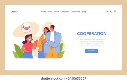Cooperation concept. A cheerful group showcases teamwork with a handshake in a speech bubble, symbolizing partnership and mutual understanding in a professional setting. Flat vector illustratio