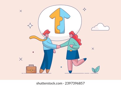 Cooperation concept. Joint venture business partnership agree to share resource and work together to achieve same goal, merge or acquisition, businessman handshake connect growth arrow jigsaw puzzle.