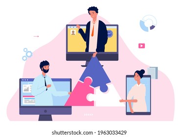 Cooperation concept. Remote business, distance effective teamwork. Office people on screen collect puzzle pieces. Work together vector illustration