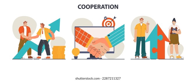 Conjunto de conceptos de cooperación. Colaboración y trabajo en equipo. Coordinación de caracteres de Office para el desarrollo comercial adicional. Idea de un coworking exitoso. Ilustración vectorial plana