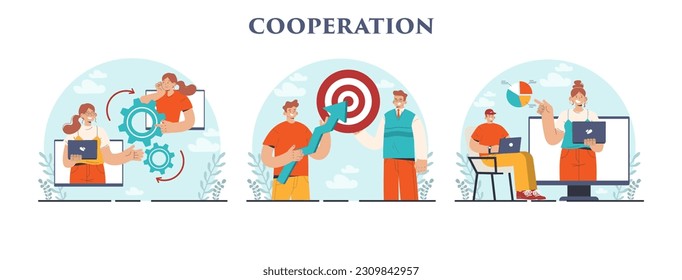 Cooperation concept set. Collaboration and teamwork. Office characters coordination for additional business development. Idea of successful coworking. Flat vector illustration