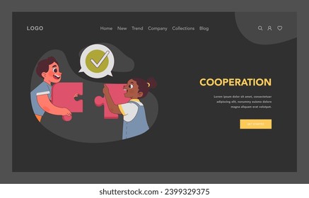 Cooperation concept. Two children joyfully connect puzzle pieces, symbolizing teamwork and the success of collaborative effort. Flat vector illustration