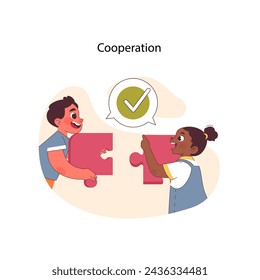 Cooperation concept. Two children joyfully connect puzzle pieces, symbolizing teamwork and the success of collaborative effort. Flat vector illustration