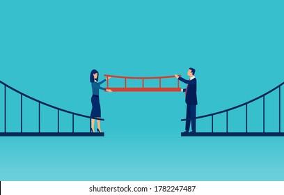 Cooperation concept. Vector of a businessman and a businesswoman connecting the bridge with a missing part